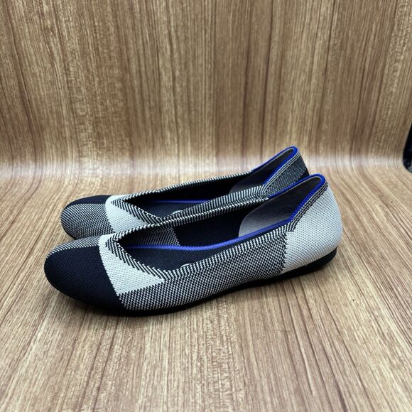 Rothys The Classic Flat Round Cap Toe Women’s 5.5 Black Cream Plaid Shoe Retired - Picture 3 of 7